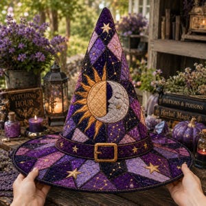 Pode incluir: Um chapéu de bruxa acolchoado com um padrão de losangos em roxo e azul escuro com estrelas douradas. O centro apresenta um grande design de sol e lua crescente. Uma faixa a condizer com uma fivela dourada rodeia a base do chapéu.
