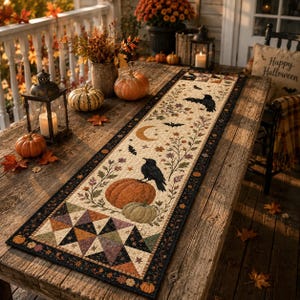 May include: A rectangular fabric table runner featuring a cream-colored center with a repeating pattern of black crows, orange pumpkins, crescent moons, bats, and autumn foliage, bordered by a dark black frame with a geometric patchwork design.