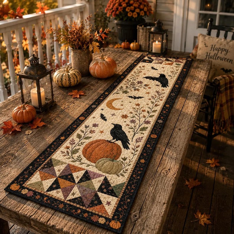 May include: A rectangular fabric table runner featuring a cream-colored center with a repeating pattern of black crows, orange pumpkins, crescent moons, bats, and autumn foliage, bordered by a dark black frame with a geometric patchwork design.
