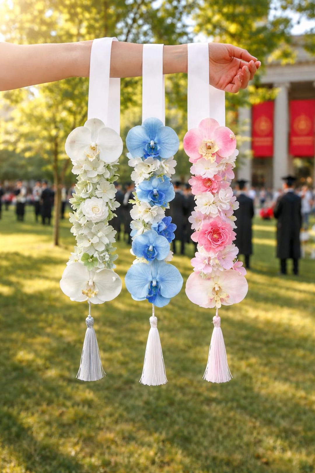 Floral Graduation Lei Sash, Handmade Ribbon & Fabric Flower Stole ...