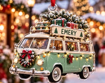 Personalized Christmas Camper Van Acrylic Ornament, Custom Name Vintage Holiday Bus, Retro Van Christmas Tree Decoration, Xmas Gift
