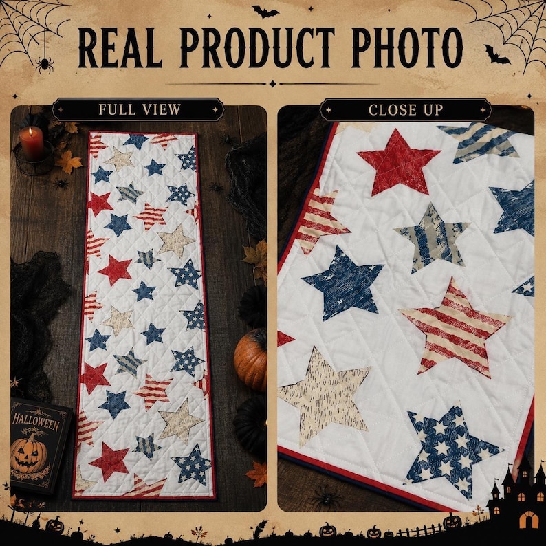 May include: A rectangular quilted table runner featuring a white background with a repeating pattern of stars in red, blue, and beige. The stars display various textures including stripes and polka dots. The runner has a thin red border trim.
