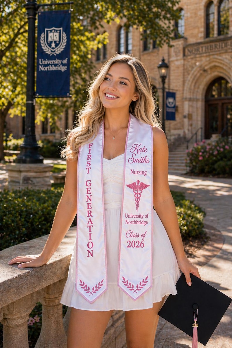 May include: A white graduation sash with pink text and accents. The sash reads "FIRST GENERATION," "Kate Smiths, Nursing," "University of Northbridge, Class of 2026." A black graduation cap with a pink tassel is held in the hand.