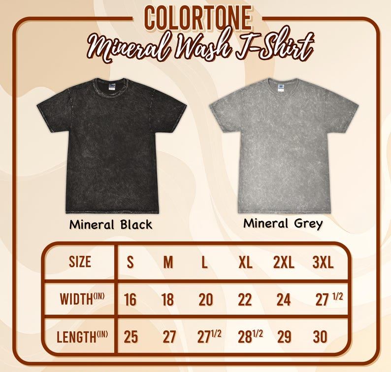 Puede incluir: Camiseta de lavado mineral en colores negro y gris. La tabla de tallas muestra las medidas de ancho y largo en pulgadas para las tallas S, M, L, XL, 2XL y 3XL.