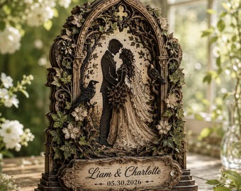 May include: A decorative arched wooden plaque featuring a silhouette of a couple standing together. The frame is adorned with carved ivy and flowers, with two ravens perched on the sides. A nameplate reads Liam & Charlotte 05.30.2026.