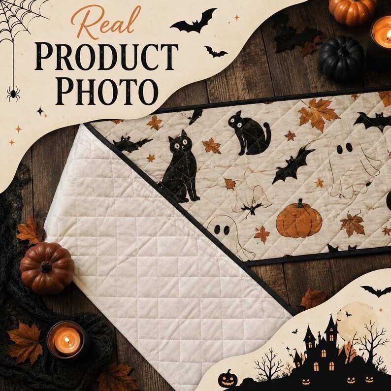 May include: A quilted table runner featuring a cream-colored fabric with a repeating pattern of black cats, white ghosts, orange pumpkins, bats, and brown autumn leaves. The runner has a diamond-stitched texture and a solid cream-colored underside.