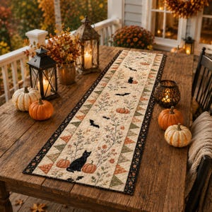 May include: A rectangular quilted table runner featuring a cream-colored fabric printed with black cats, orange pumpkins, flying bats, and floral branches. The runner has a decorative border of small triangles in orange, green, and black floral patterns.
