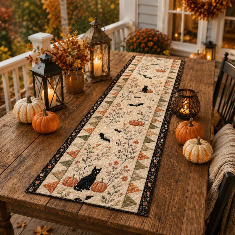 May include: A rectangular quilted table runner featuring a cream-colored fabric printed with black cats, orange pumpkins, flying bats, and floral branches. The runner has a decorative border of small triangles in orange, green, and black floral patterns.