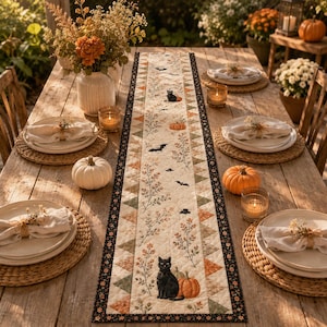 Halloween Quilted Table Runner, Fall Table Runner, Pumpkin Cat Ghost Bat Table Decor, Spooky Autumn Dining Table Runner Halloween Home Decor Design 2