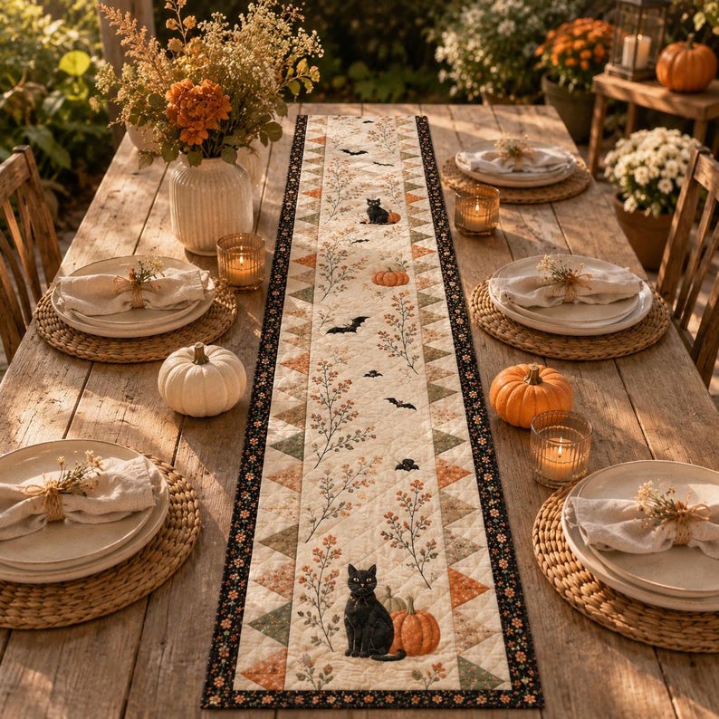 Halloween Quilted Table Runner, Fall Table Runner, Pumpkin Cat Ghost Bat Table Decor, Spooky Autumn Dining Table Runner Halloween Home Decor Design 2