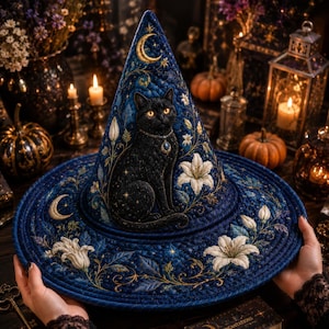 May include: A dark blue quilted witch hat featuring an embroidered black cat with yellow eyes wearing a pendant, surrounded by white lily flowers, golden crescent moons, and star motifs. The hat has a pointed crown and a wide, circular brim.
