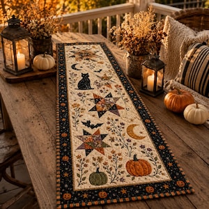 May include: A rectangular quilted table runner featuring a cream-coloured centre with printed motifs of black cats, bats, crescent moons, multi-coloured stars, pumpkins, and floral sprigs, framed by a dark border with small orange pumpkin icons.