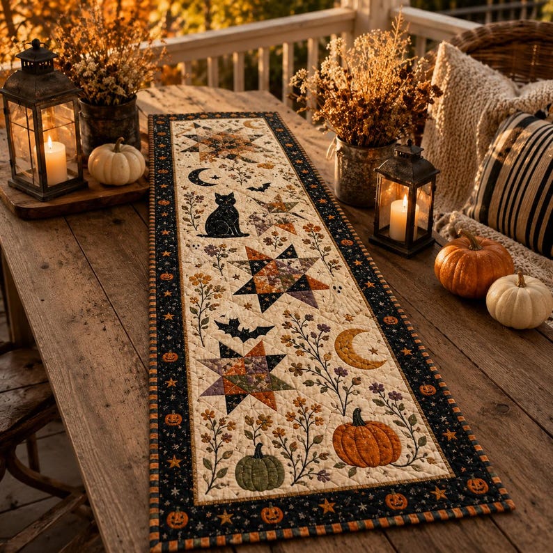 May include: A rectangular quilted table runner featuring a cream-coloured centre with printed motifs of black cats, bats, crescent moons, multi-coloured stars, pumpkins, and floral sprigs, framed by a dark border with small orange pumpkin icons.