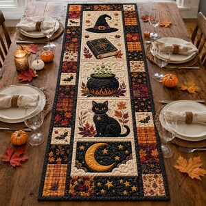 Peut inclure: Un chemin de table matelassé rectangulaire présentant une série de panneaux verticaux avec des illustrations sur le thème d'Halloween, dont un chapeau de sorcière, un grimoire, un chaudron bouillonnant, un chat noir et un croissant de lune.