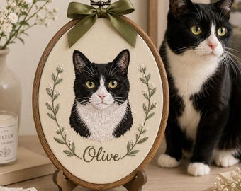 Custom Pet Portrait Embroidered Hoop, Personalized Dog Cat Name Sign, Pet Memorial Gift, Pet Lover Keepsake, Oval Embroidery Ornament Decor
