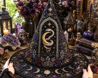 Halloween Quilted Witch Hat, Gothic Celestial Fabric Witch Hat, Wizard Costume Hat, Witchcore Halloween Decor, Moon and Stars Witch Hat