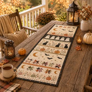 May include: A rectangular fabric table runner featuring a patchwork design with seasonal motifs including white ghosts, black cats, orange pumpkins, yellow crescent moons, bats, and multi-colored stars on a cream background with a dark border.