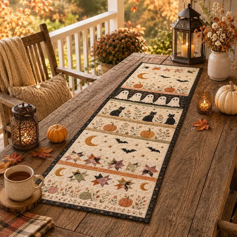 May include: A rectangular fabric table runner featuring a patchwork design with seasonal motifs including white ghosts, black cats, orange pumpkins, yellow crescent moons, bats, and multi-colored stars on a cream background with a dark border.