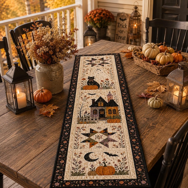 May include: A rectangular fabric table runner featuring a cream-colored center panel with a repeating pattern of a black cat, a house, stars, a crescent moon, and pumpkins, framed by a black border with a small floral print throughout the design.