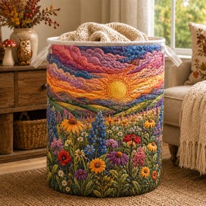 May include: A cylindrical fabric laundry hamper featuring a quilted exterior with a vibrant sunset landscape, rolling hills, and a field of colourful wildflowers including sunflowers, poppies, and lupines, with two white fabric handles at the top.