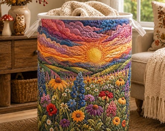 Quilted Laundry Basket, Wildflower Hamper, Sunset Floral Storage Basket, Cottagecore Laundry Room Decor, Bedroom Organizer, Boho Home Decor
