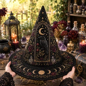 May include: A black pointed hat featuring intricate gold embroidery of a raven, a crescent moon, and stars. The brim is decorated with a lunar cycle pattern, dark red roses, and crystal motifs. The fabric has a quilted texture throughout.