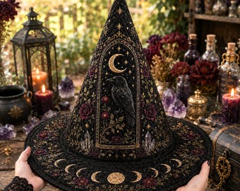 Halloween Quilted Witch Hat, Gothic Celestial Fabric Witch Hat, Wizard Costume Hat, Witchcore Halloween Decor, Moon and Stars Witch Hat