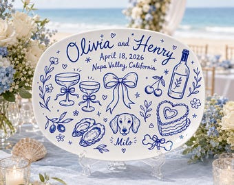 Plato de boda personalizado con retrato de mascota, nombre y fecha personalizados de la pareja, plato para despedida de soltera, regalo de compromiso o recuerdo de aniversario.