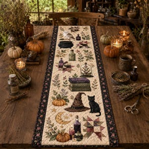 May include: A long, rectangular quilted table runner featuring a cream-colored center with printed illustrations of a black cat, a witch hat, pumpkins, a crescent moon, books labeled Potions, Herbology, and Transfiguration, and botanical motifs.