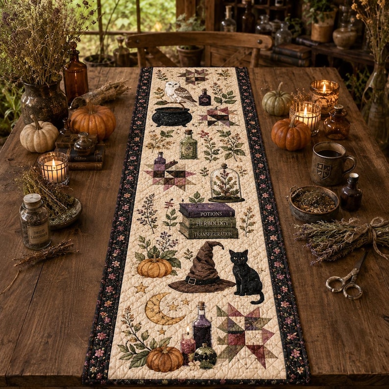 May include: A long, rectangular quilted table runner featuring a cream-colored center with printed illustrations of a black cat, a witch hat, pumpkins, a crescent moon, books labeled Potions, Herbology, and Transfiguration, and botanical motifs.