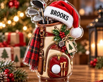 Personalized Golf Bag Acrylic Ornament, Custom Name Golf Christmas Ornament, Santa Hat Golfer Gift, Golf Lover Christmas Tree Decor Xmas