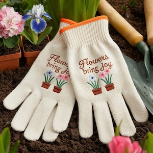 Embroidered Flowers Bring Joy, Grow Happiness Customized Gardening Gloves, Personalized Gift, Garden Lover, Garden Working Outdoor Gloves
