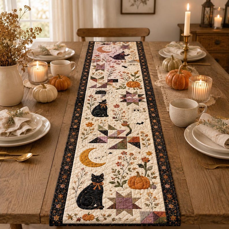 May include: A rectangular fabric table runner featuring a cream-colored center panel with a repeating pattern of black cats, orange crescent moons, pumpkins, stars, and floral motifs, bordered by a dark fabric with small orange and white accents.
