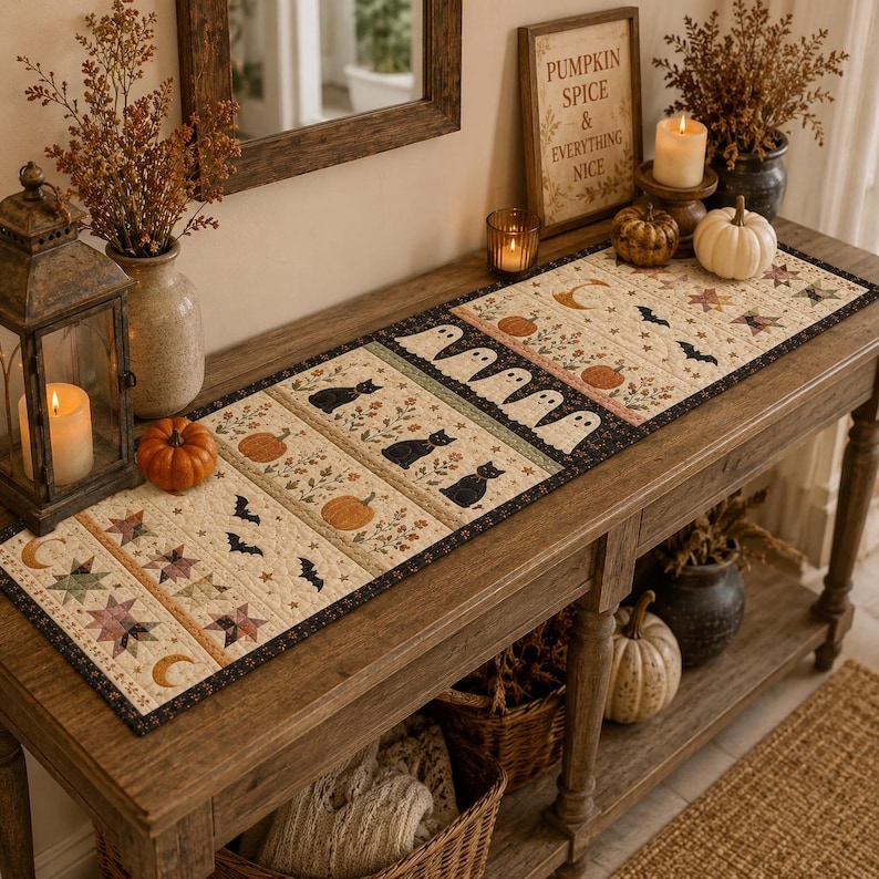 May include: A rectangular quilted table runner featuring a repeating pattern of black cats, white ghosts, orange pumpkins, black bats, and multicolored stars on a cream background with a dark border, displayed on a wooden console table.