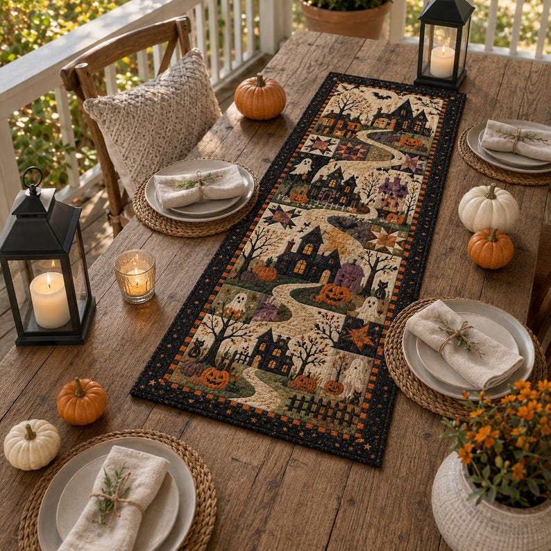 Halloween Quilted Table Runner, Fall Table Runner, Pumpkin Cat Ghost Bat Table Decor, Spooky Autumn Dining Table Runner Halloween Home Decor image 2