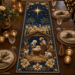 Pode incluir: Um caminho de mesa retangular com um céu noturno azul escuro e uma estrela brilhante sobre uma cena de natividade. O design inclui palmeiras, uma cidade e uma manjedoura com figuras, emoldurado por flores de poinsétia brancas e douradas.