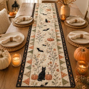 May include: A rectangular quilted table runner featuring a cream-colored center with illustrations of black cats, orange pumpkins, bats, and floral sprigs. The border consists of a geometric pattern of triangles in shades of orange, green, and black.