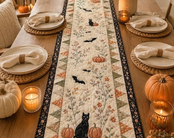 Halloween Quilted Table Runner, Fall Table Runner, Pumpkin Cat Ghost Bat Table Decor, Spooky Autumn Dining Table Runner Halloween Home Decor