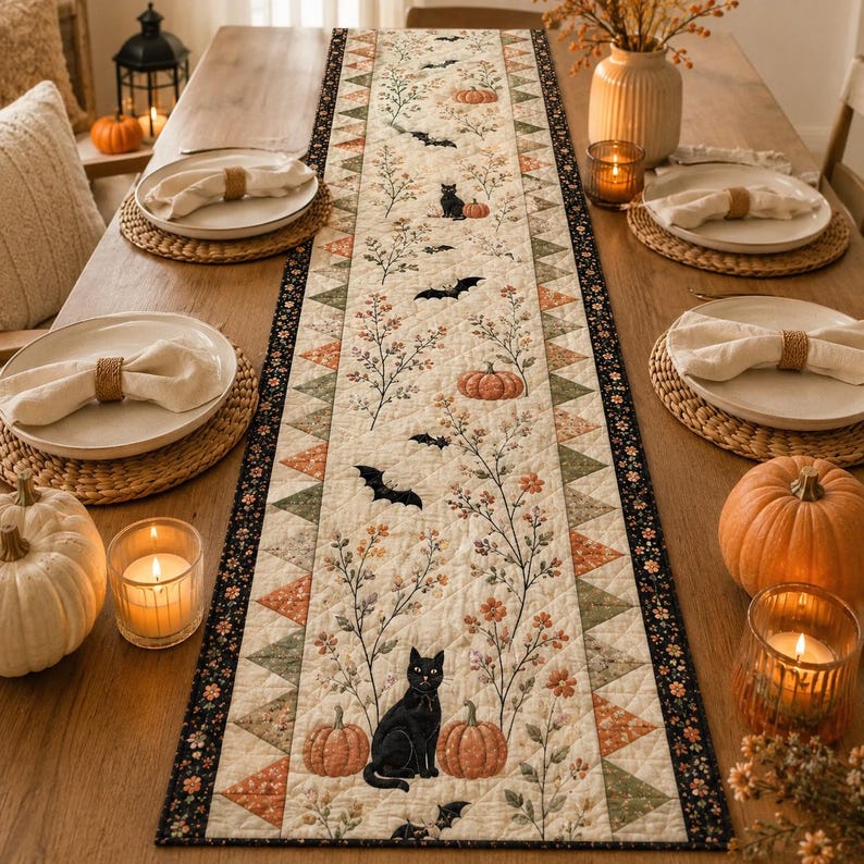 May include: A rectangular quilted table runner featuring a cream-colored center with illustrations of black cats, orange pumpkins, bats, and floral sprigs. The border consists of a geometric pattern of triangles in shades of orange, green, and black.