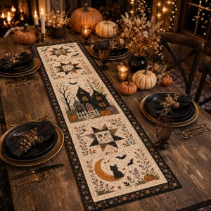 May include: A rectangular fabric table runner featuring a patchwork design with Halloween motifs including a haunted house, stars, a black cat on a crescent moon, and bats. The runner has a cream background with a dark border and floral accents.