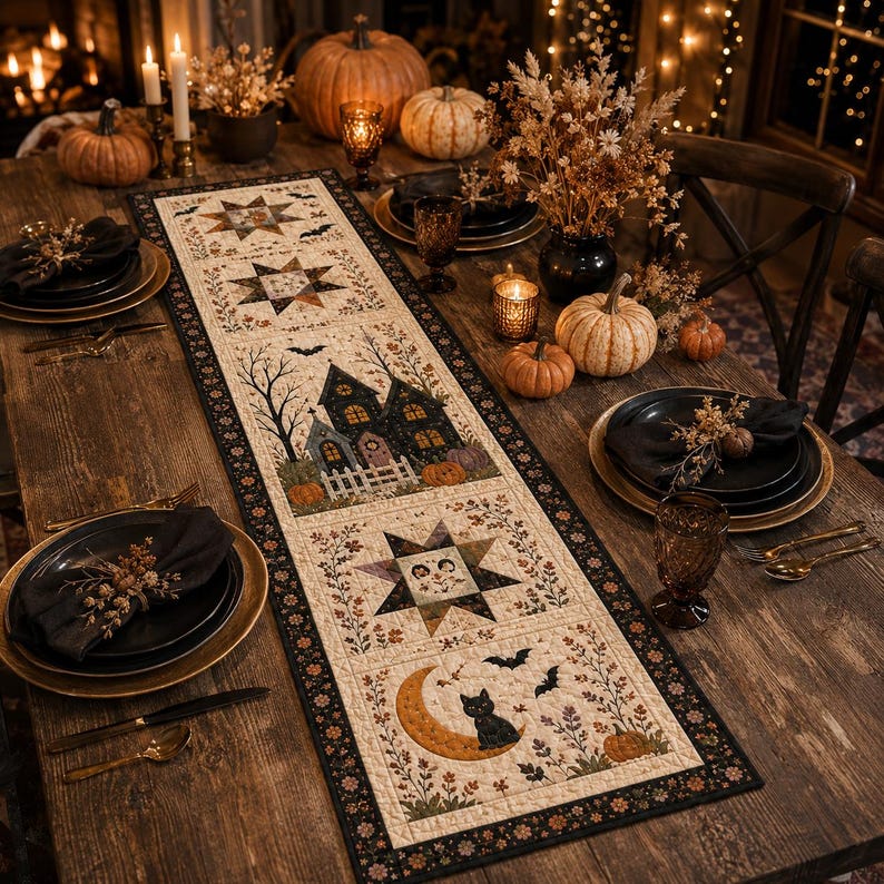 May include: A rectangular fabric table runner featuring a patchwork design with Halloween motifs including a haunted house, stars, a black cat on a crescent moon, and bats. The runner has a cream background with a dark border and floral accents.