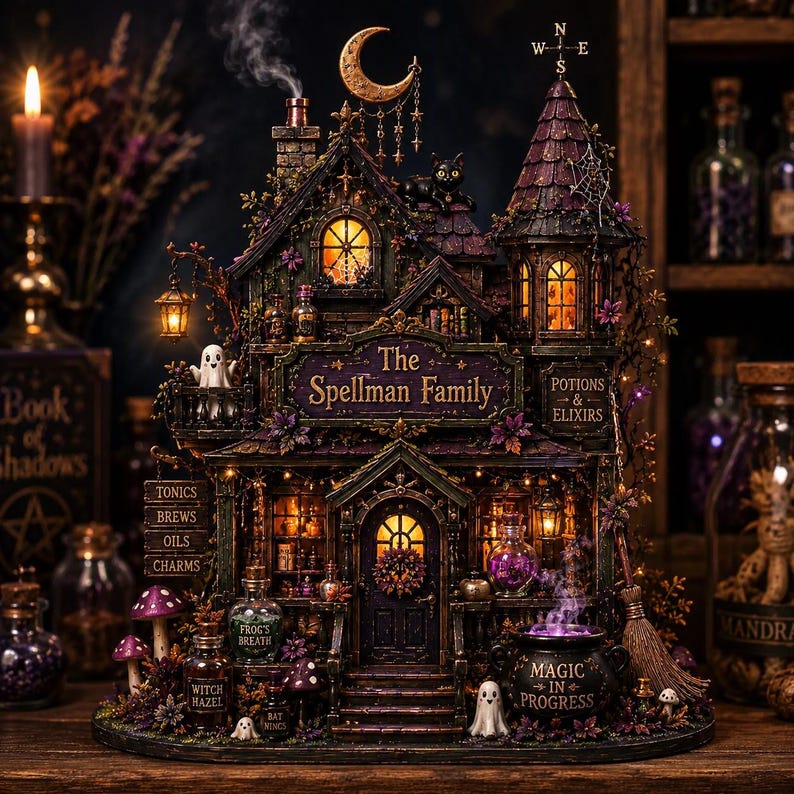 Personalized Halloween Haunted House Wooden Block, Custom Family Name ...