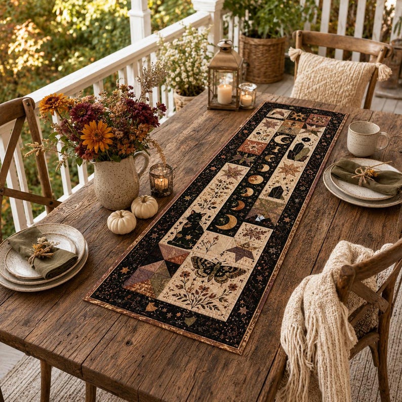 May include: A rectangular table runner featuring a patchwork design with celestial motifs, including moons, stars, a black cat, and a moth, set against a dark border. The fabric displays a cream background with floral and geometric patterns.
