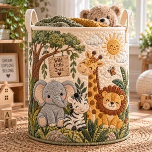 May include: A cylindrical fabric storage basket featuring a quilted cream background with embroidered jungle animals including a grey elephant, a zebra, a giraffe, and a lion. A wooden sign reads Wild Little Ones. A teddy bear sits inside the basket.