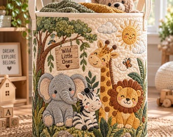 Safari Animal Quilted Laundry Basket, Jungle Nursery Storage Hamper, Elephant Giraffe Lion Toy Bin, Kids Room Organizer