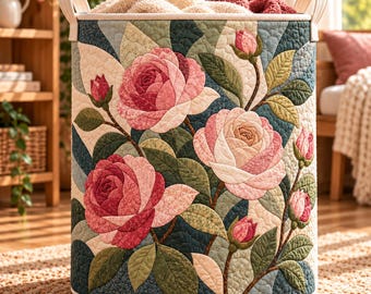 Floral Quilted Laundry Basket, Vintage Rose Patchwork Hamper, Cottagecore Fabric Storage Bin, Bedroom Nursery Decor