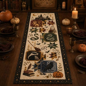 May include: A rectangular fabric table runner featuring a patchwork design with a cream background and a dark border with gold stars. The print includes a castle, a lion, a snake, a badger, a raven, a broomstick, books, and a pumpkin.