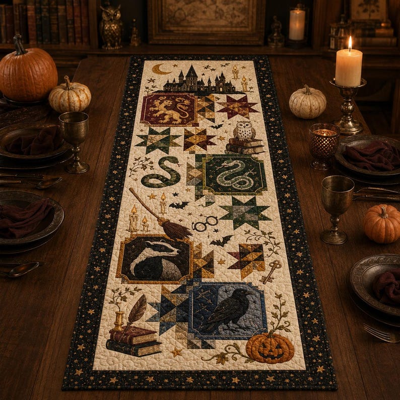 May include: A rectangular fabric table runner featuring a patchwork design with a cream background and a dark border with gold stars. The print includes a castle, a lion, a snake, a badger, a raven, a broomstick, books, and a pumpkin.