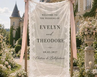 Personalized Lace Wedding Welcome Sign, Custom Sheer Tulle Wedding Banner, Romantic Lace Ceremony Sign, Entrance Sign, Reception Decor