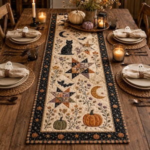 Halloween Quilted Table Runner, Fall Table Runner, Pumpkin Cat Ghost Bat Table Decor, Spooky Autumn Dining Table Runner Halloween Home Decor Design 1